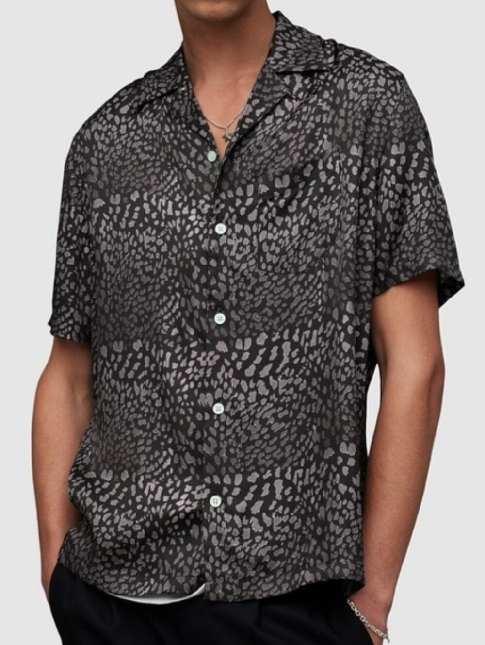 AllSaints Cosmo Leopard Short Sleeve Relaxed Button Up Shirt Black Grey Men L